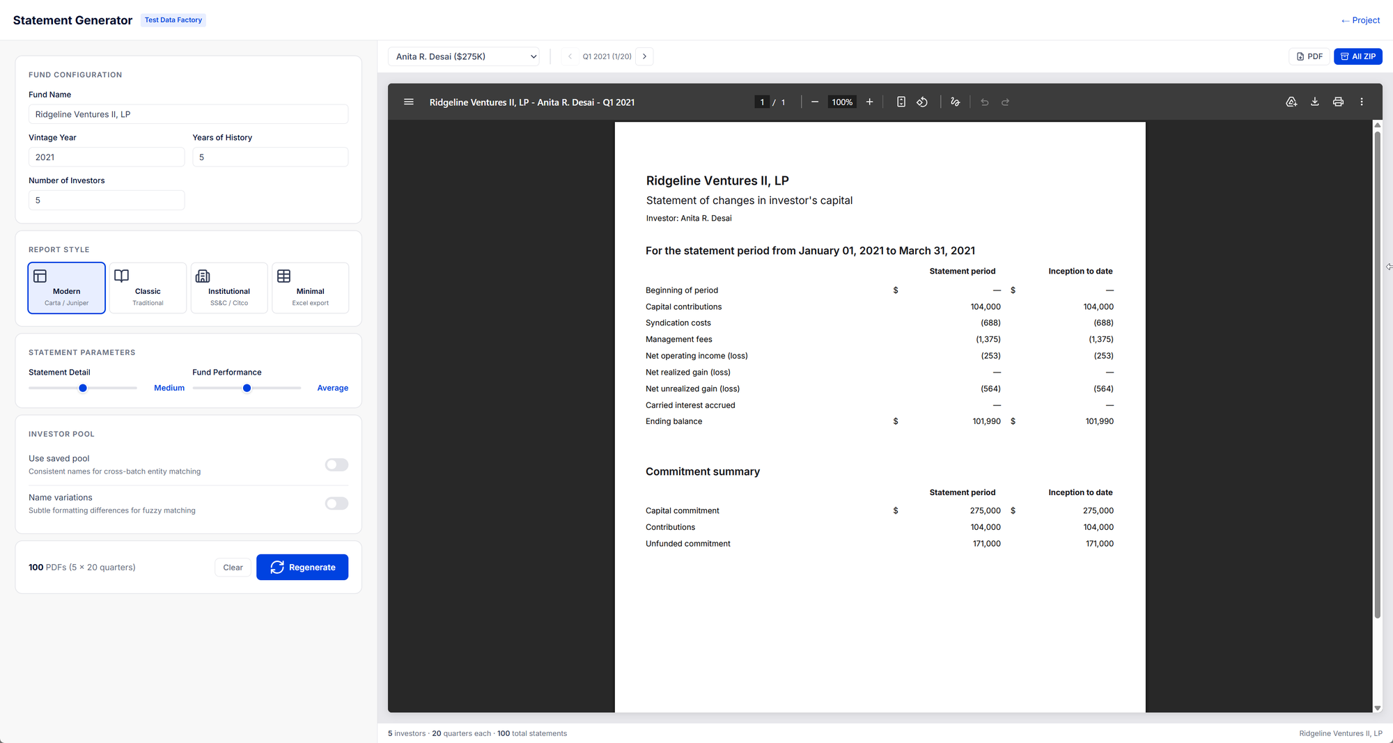 Statement Generator — config panel on the left, PDF preview on the right